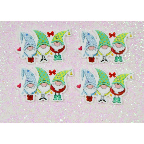4 Quantity - Glossy Flat Back Holiday Triplet Gnomes for