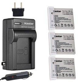 Kastar Battery (3-Pack) and Charger Kit for Canon NB-4L, CB-2LV work with Canon PowerShot SD40, SD30, SD200, SD300, SD400, SD430, SD450, SD600, SD630, SD750, SD780 IS, SD940 IS, SD960 IS, SD1000, SD1100 IS, SD1100 IS, SD1400 IS, TX1, ELPH 100 HS, ELPH 30