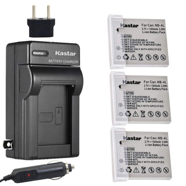 Kastar Battery (3-Pack) and Charger Kit for Canon NB-4L, CB-2LV