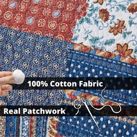 DaDa Bedding Cotton Bohemian Vibes Patchwork Bedspread Quilt - Rustic Mediterranean Floral Quilted Set - Bright Vibrant Multi-Colorful - Deep Blue & Brick Red - Queen - 3-Pieces