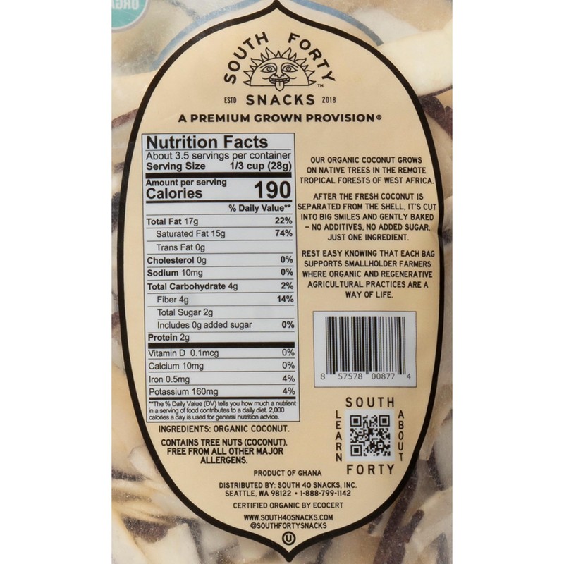 South 40 Snacks Organic Coconut Chips, Just 1 Ingredient (3.5oz