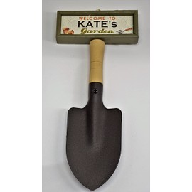 "Welcome to Kate's garden" hanging shovel sign