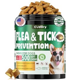 Flea and Tick Prevention for Dogs Chews- 500 Crunchy & Creamy Chews, Dogs Flea Chewables with Skin & Coat Support - Oral Supplement for All Breeds & Ages - Chicken & Cheese Flavor