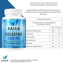 Pptidos de Colgeno Marino Puro  120 Cpsulas  Saisa Herbal  Suplemento Alimenticio  Piel, Articulaciones y Bienestar Diario                            