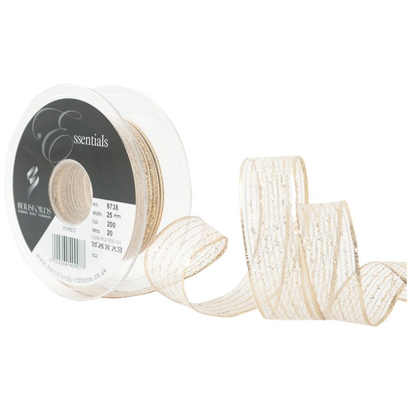 Berisfords 9738-G-25 25 mm Wired Tinsel Mesh Ribbon, Gold