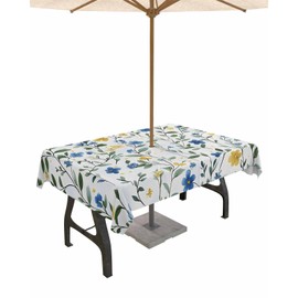 Rectangle Outdoor Tablecloth with Umbrella Hole 60"x84", Spring Blue Watercolor Flower Leaf Garden Table Cloth with Zipper, Waterproof Protect Table Covers for Dining Garden Courtyard Patio Camping