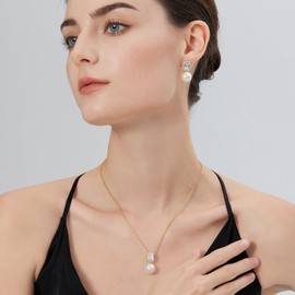 Pearl Diamond Stud Earring Sterling Silver Large Gold Plated Pearl Dangle Drop Earring for Women 12MM Cubic Zirconia Jewelry Birthday/Mother's Day Gift ZDaoBen