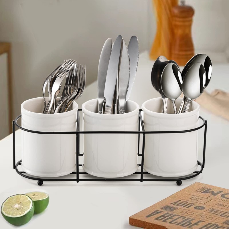 Bekith 3-Piece Ceramic Silverware Caddy with Metal Rack, Utensil Holder