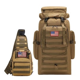 Jumahe Tactical Backpack for Men with Tactical Sling Bag Hiking Day Pack Molle Military Rucksack Waterproof 75L with USA Flag with small Crossbody Chest Pack anything  backpack Large Water-Resistant Travel Backpack - Color: Khaki