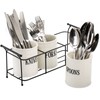 Bekith 3-Piece White Ceramic Silverware Caddy with Black Metal Rack,