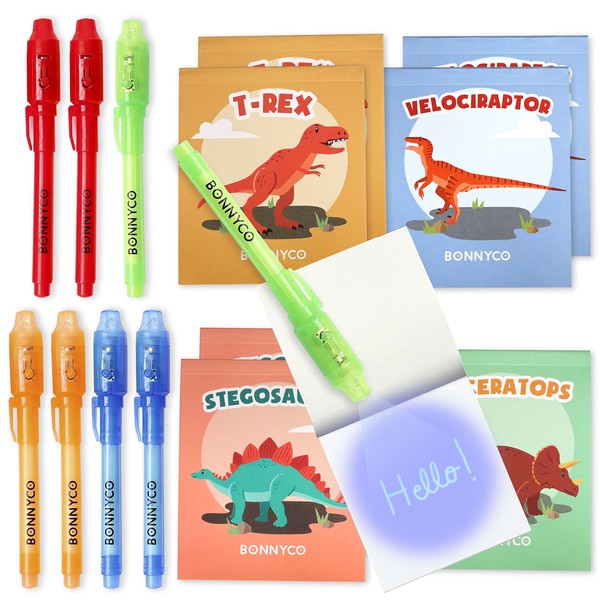 BONNYCO Invisible Ink Pen and Notebook, Pack 8 Dinos Party Bags Filler & Pinata Toys | Dinos Birthday Decorations | Stocking Fillers for Kids Birthday | School Prizes & Gifts for Children