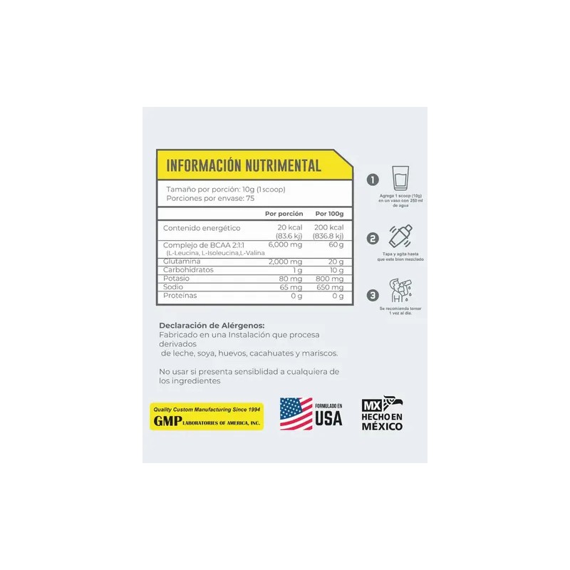 Aminoácidos Bcaa Glutamina 750g 75 Serv 43 Suplementos Sabor Mango