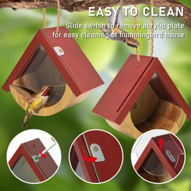 2 Pack Hummingbird House, Window View Wooden Bird Houses for Outside Hummingbird Houses for Nesting, Hanging Chickadee House for Indoor Outdoor with Hemp Ropes