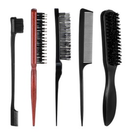 5 Pcs Slick Back Hair Brush Set Boar Bristle Hair Brush Set Edge Brushes for Men Women Rat Tail Comb Wooden Slickback Combs for Parting Flyaways Styling