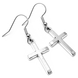 Cross Charm Earrings, Silver Charm Beads on Nickel Free Silver Tone Hooks : 40mm long, Faith Gift for Women, Stylish Plain Design, Christian Drop Earrings