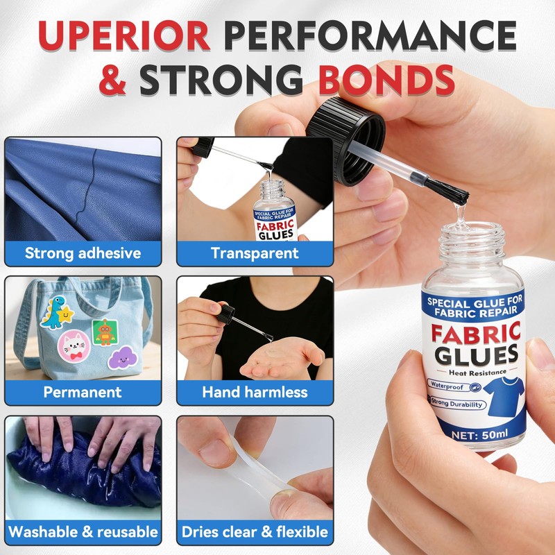 Fabric Glue Permanent, Washable Clear Glue for Clothing Patch, Liquid,