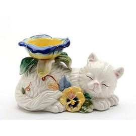 Cosmos Gifts Fine Ceramic Pansy Cat with Pansy Flowers Design Tea Light Candle Holder, 5" L
