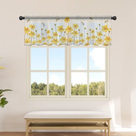 Futuregrace Yellow Daisy Floral Sheer Valance Curtains for Kitchen Living Room Decor, Honey Bee Rustic Flowers Semi Sheer Curtain Voile Valance Rod Pocket Window Treatment Short Curtain Panel 54"x18"
