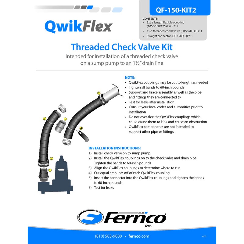 Fernco QwikFlex 24-in. Threaded Sump Pump Check Valve Installation Kit