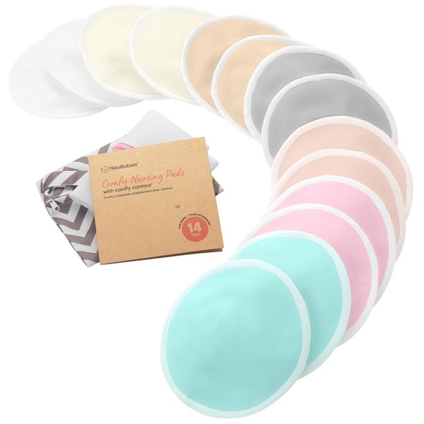 Organic Bamboo Nursing Pads - 14 Washable Breastfeeding Pads, Wash Bag, Reusable Breast Pads for Breastfeeding, Nipple Pads for Breastfeeding, Breastfeeding Essentials (Pastel Touch, M 3.9")