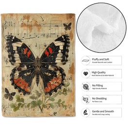 MIEPOS Vintage Butterfly Music Notes Throw Blanket, 50x60in, Soft, Lightweight Flannel,Artistic Black and Red Insect with Clover Blankets, Gifts for Women, For Boho Home Living Room Decor
