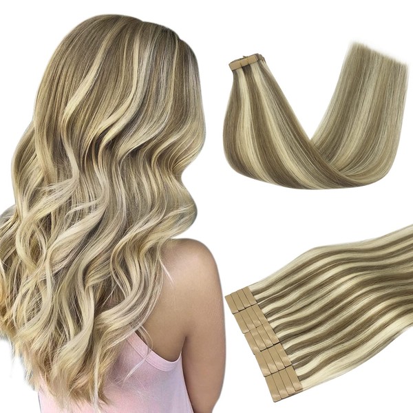 DOORES Tape-In Real Hair Extensions, Light Run, Highlighted Medium Lon, 45 cm (18 Inches), 50 g, 20 Pieces, Remy Real Hair Tape Extensions, Remy Hair Extensions, Invisible Real Hair