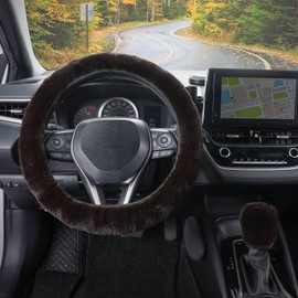 SEG Direct Furry Car Steering Wheel Cover with Gear Shift Cover, Soft and Warm, Cute Fluffy Auto Decor for Women Men, Standard Size, 2 PCS Set, Coffee Brown