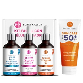 PUREZA NATUR Kit que incluye paquete serums celulas madre, Vitamina C y ácido hialuronico + Protector solar FPS 50+ |Skincare facial para el cuidado de la piel, hidratación y rejuvenecimiento (Kit células madre + Protector Solar)