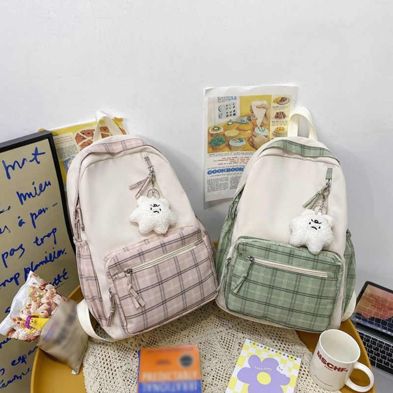 Cute Plaid Backpack with Plush Pendant Lightweight Large Capacity Student