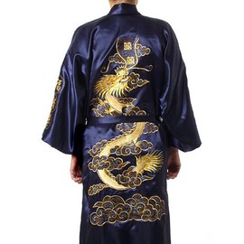 Bon amixyl Mens Silk Kimono Robe Mens Japanese Silk Dragon Bathrobe Chinese Kimono Robe Men Lightweight Open Front Long Cloak with Belt (Navy,XL)