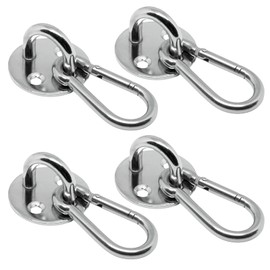 PRIOstahl Eyelet Plate Carabiner Hook - 4 x Round Eye Plate 33 x 19.5 mm + 4 x Carabiner 5 x 50 mm Wall Hooks Ceiling Hook Hanging Attachment for Awning Punch Bag Hay Net Rustproof Stainless Steel