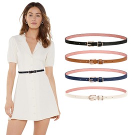 LEACOOLKEY Pack of 4 Thin Leather Belts for Women Dress Skinny Waist Belt with Gold Buckle for Jeans, G-Black+Brown+Blue+Beige(Style 3)