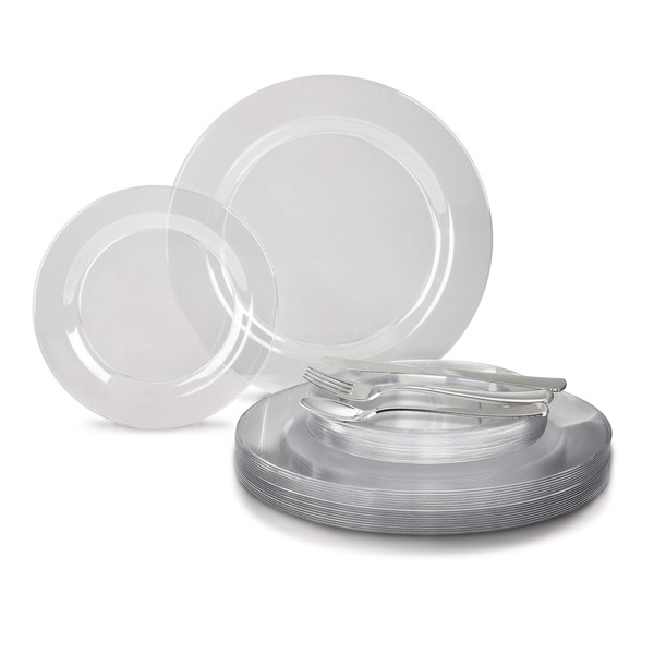 " OCCASIONS " 300 Pcs Set & 60 Guest Wedding Disposable Plastic Plate & Silverware Combo Set (Clear, Silver Silverware)