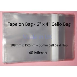 celloexpress Tape on Bag 6" x 4" - 108mm x 152mm + 30mm Flap - Mounted Photograph Cellophane Display Bags 40 Micron Self Seal - Small Cello - Pack of 50