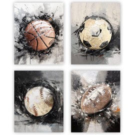 NIIORE Sports Themed Wall Art, Retro Watercolor Graffiti Football, Baseball, Soccer, Basketball Canvas Prints for Boy's Room Man Cave Home Decor, Set of 4 - (8 x10 inches Unframed)