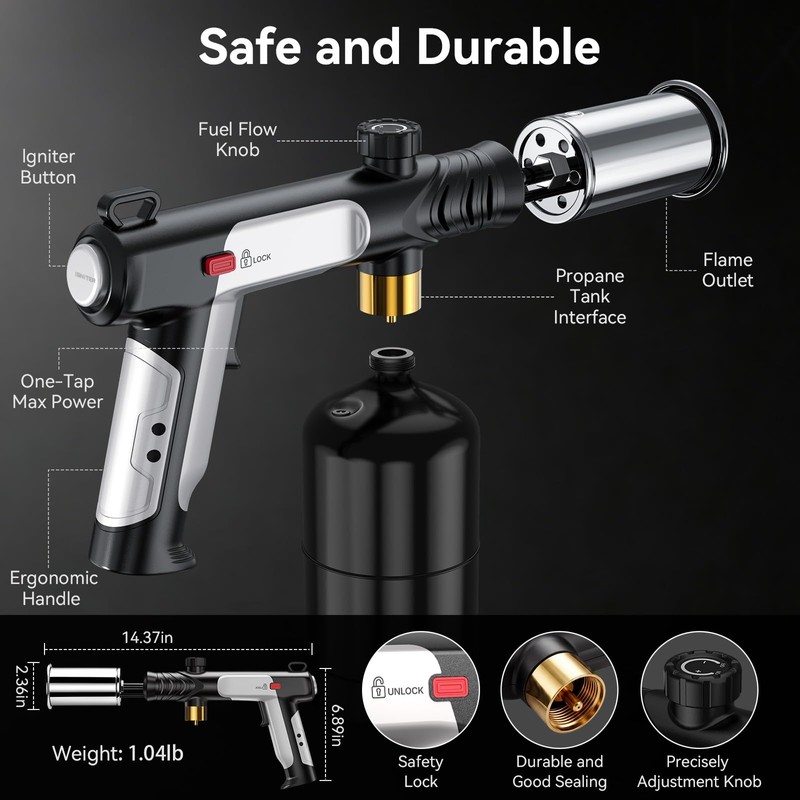 Kimmzii Propane Torch with Felt Storage Pouch, One-Tap Max Flame,