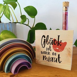 Katzenpapa - Gl√ºck miaut Holzbild 11x11x2cm zum Hinstellen auf's Regal/Sideboard mit Reagenzglas - Bilder mit Spr√ºchen, Motivation, Spr√ºche Bilder, Skandinavisch, Wohnzimmer Deko, Zuhause Dekoration