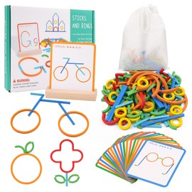 Weysoo Montessori Toy from 3 Years, Preschool Educational Games, 120 Wooden Sticks and Rings 20 Cards, Shape Colour Recognition Montessori Plug-in Puzzle, Gift for School Enrolment for Boys and Girls