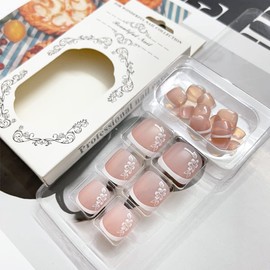 French Tip Press on Toenails White Flower Short Square Fake Toe Nails Full Cover Glue on Toe Nails Nude Pink Toenails Summer False Toe Nails Stick on Toenails for Women 24Pcs