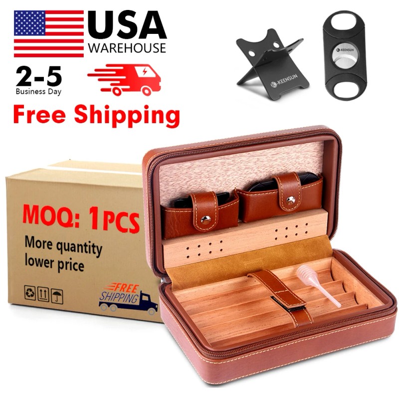 KEENSUN Cedar Wood PU Leather Cigar Travel Humidor Case Set