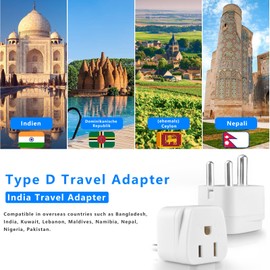 US to India Plug Adapter,Type D Plug Adapter India Power Adapte US to India, Bangladesh, Maldives, Pakistan Travel Adapter 2 Pack (White)
