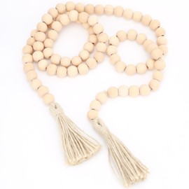 HomeCheer 58 inches Natural Wood Bead Garland with Tassels Farmhouse Rustic Country Beads for Christmas Tree Home Decoration Room Decor Wall Hanging Curtain Rod Accents and Shelf (58in / 5ft)