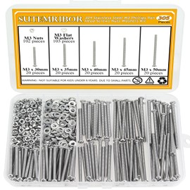 305 Pieces M3 x 30/35/40/45/50mm Machine Screws Nuts Washers Set, Sutemribor M3 Long Screws, M3 Phillips Pan Head Machine Screws Nuts Washers Assortment Kit, 304 Stainless Steel, Fully Threaded