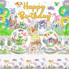 Dragon Party Supplies, Including Happy Birthday Party Backdrop, Plates, Cups, Napkins, Tablecloth, Balloons, Straws, for Dragon Theme Boy Girl Birthday Party Decorations Serves 20 Guest