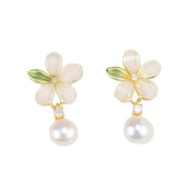 Women's Natural Freshwater Pearl Earrings, S925 Silver Post, Flower Motif, 18K Thick Gold Plating, Large, Swinging Design, Elegant, Fashionable, Hypoallergenic, Gift, Gift, Wedding, Dating, Party