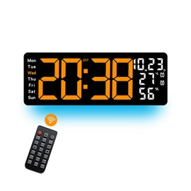 17" Large Digital Wall Clock with Remote Control, Dual Alarm with Big LED Screen Dispaly, 8 RGB Colors, Auto DST, Temperature for Living Room, Bedroom, Desk Decor, Mounted, Gift for Elderly-Orange