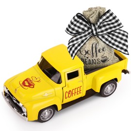 Coffee Decor for Coffee Bar Metal Truck with Coffee Beans Burlap Sack Vintage Pickup Mini Diecast Truck for Farmhouse Coffee Station Home Coffee Bar Tabletop Decorations (Yellow)
