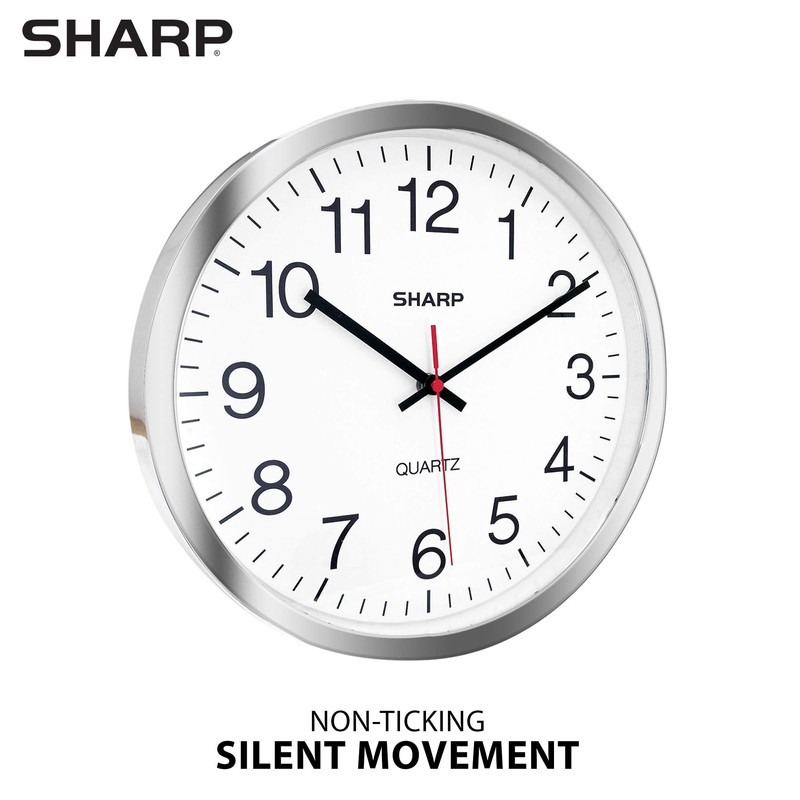 SHARP Wall Clock – Silver/Chrome, Silent Non Ticking 10 Inch