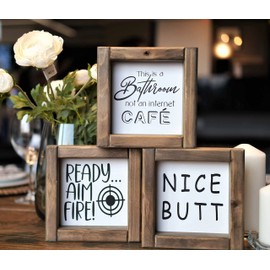 Funny Bathroom Signs Decor, Farmhouse Bathroom Decor with 9 Interchangeable Sayings, Rustic Accessories for Restroom Bathroom Shelf Decor Sign for Kids Bathroom 6x6"，Black and White Bathroom Decor