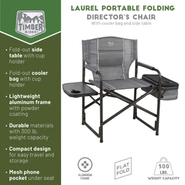 TIMBER RIDGE Lightweight Camping Chair, Portable Laurel Director's Chair with Foldable Side Table, Cooler Bag & Mesh Pocket, Compact Outdoor Folding Lawn Chair, Supports 300lbs, Grey